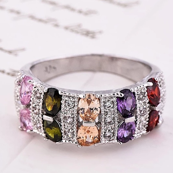 NEW PLATINUM  RAINBOW STONE PROMISE CZ BAND RING - Picture 1 of 9